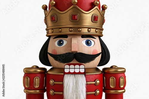 Close-up portrait of a traditional wooden nutcracker soldier wearing a red uniform and gold crown