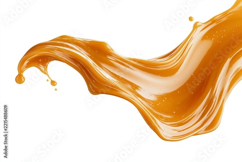 Dynamic caramel sauce liquid splash with glossy texture isolated on clean white background