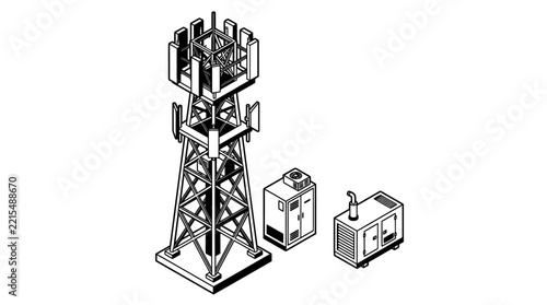 Isometric illustration of a telecommunications tower with associated equipment.