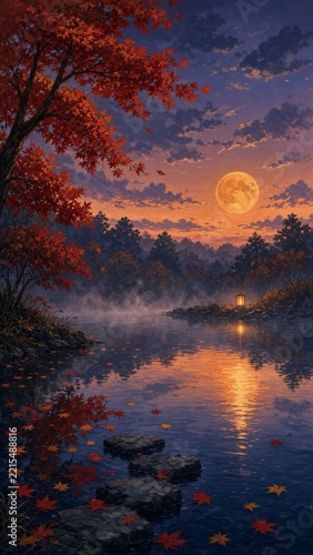 Red maple trees over a moonlit pond at dusk with copy space