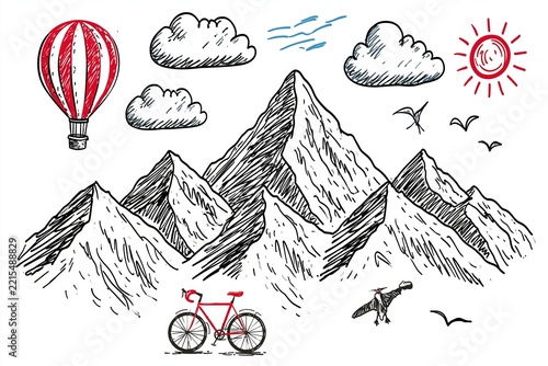 Hand drawn doodle set of mountain landscape with hot air balloon and bicycle sketch