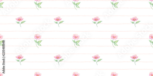 Pink floral seamless pattern with tiny watercolor flowers and leaves, print for textile, wallpaper, or spring striped designs with romantic cottagecore illustrations