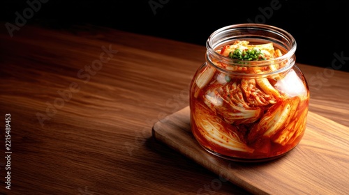 Fresh Homemade Kimchi in Glass Jar with Wooden Background