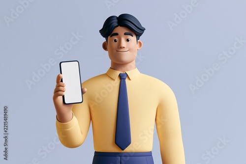 3d cartoon businessman character in yellow shirt and tie holding a smartphone with blank screen