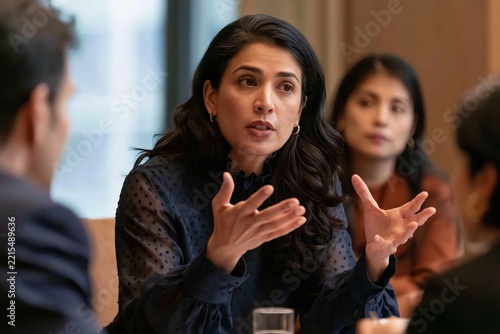 Confident businesswoman speaking and gesturing during a corporate team meeting in an office