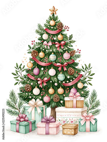 Decorated Christmas Tree with Pastel Ornaments and Gifts Illustration, Holiday Clipart
