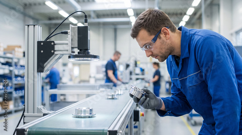 Man inspecting automated assembly line components in modern factory with copy space
