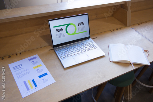 Open silver laptop showing green chart 25% and 75% on wood desk with report, notebook, stools