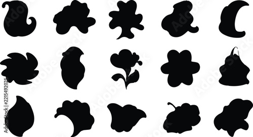 Collection of abstract organic black silhouettes and fluid ink blot shapes for graphic design