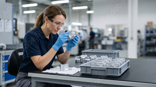 Professional inspecting precision components in modern industrial facility with copy space