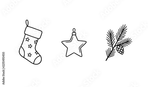 Christmas stocking with stars star bauble ornament pine branch with cone christmas icons line art winter holidays fir branch hanging toy star pattern holiday season ornament