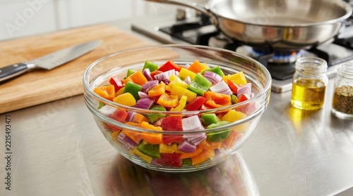 Vibrant Diced Bell Peppers and Red Onion in a Clear Glass Bowl Ready for Cooking