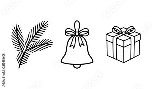 Set of black and white line art icons featuring a pine branch a jingle bell and a wrapped holiday gift box christmas elements vector illustration gift wrap winter branch holiday symbols