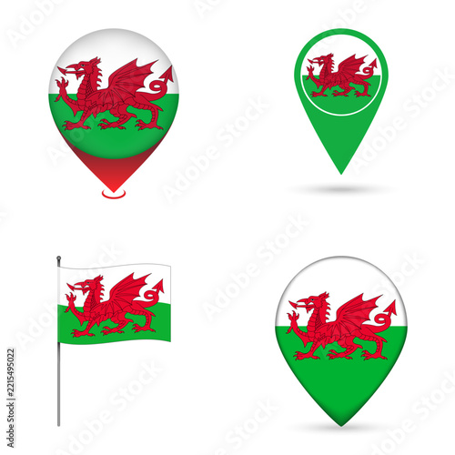 Wales Flag Map Pin Icons Set Collection.