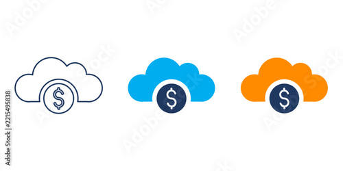  cloud computing icons with dollar sign symbol, representing financial cloud services, digital banking, and online payment solutions in various design styles