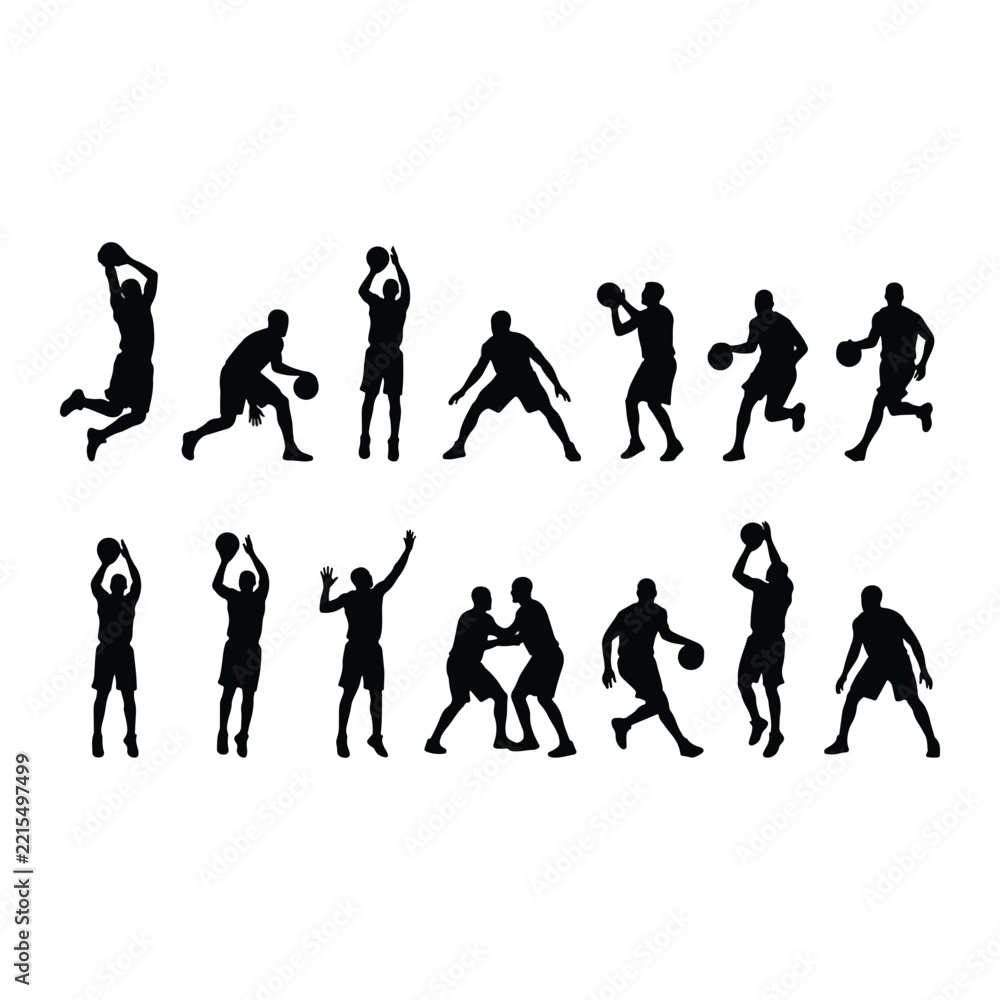 Obraz premium Basketball player silhouette set with action dunk dribble and shoot poses