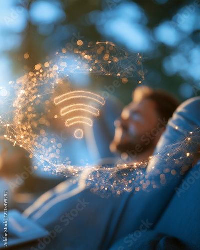 Seamless Connectivity: A man relaxes outdoors as a glowing digital network surrounds him, symbolizing wireless internet access and modern technology.
