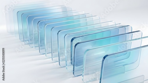 Abstract composition of translucent blue glass rectangular plates arranged in a diagonal row, isolated on white background