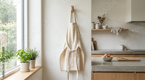 Minimalist kitchen interior with a beige linen apron hanging on a wooden peg, featuring fresh potted herbs on the windowsill and organic cooking ingredients in a bright, modern aesthetic space.