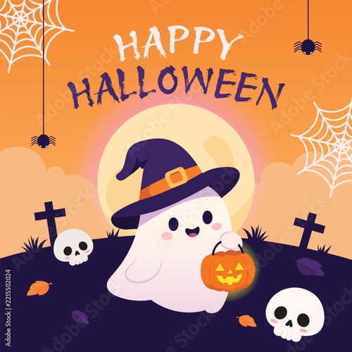 cute ghost halloween element banner flat cartoon