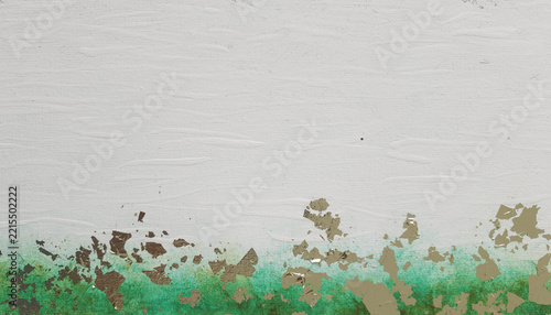 Abstract acrylic background with green paint, white canvas texture and decorative gold foil flakes. Modern art for elegant interior, banners and luxury design.