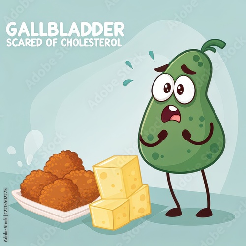 Scared Gallbladder Character Looking at Cholesterol Foods and Cheese