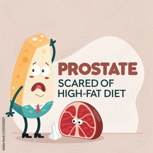 Scared Prostate Character Looking at High Fat Diet Foods