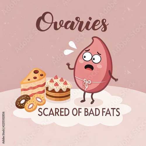 Scared Ovaries Character Looking at Bad Fats and Sweets