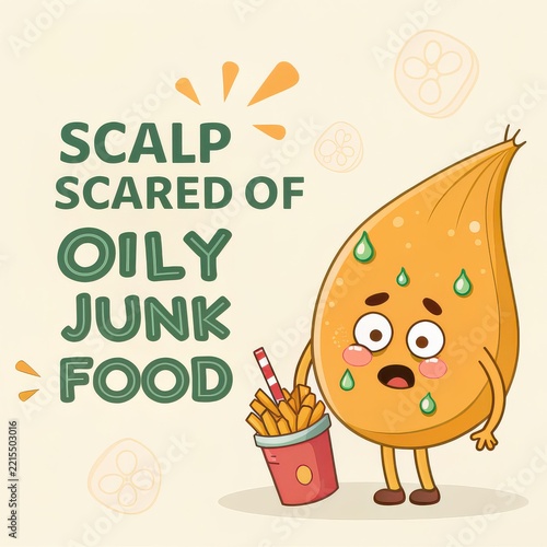 Scared Scalp Character Looking at Oily Junk Food and Fries