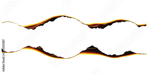 Burnt paper edges with fire flames and dark scorched texture on a horizontal line