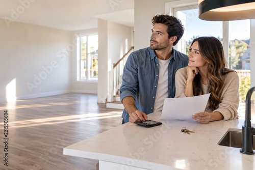 Couple review documents and a calculator in a bright empty kitchen while considering housing costs and future home ownership