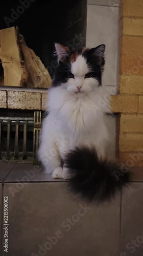 Charming Calico Cat Posing Elegantly by the Fireplace – A Photogenic Display of its Fluffy Tail and Unique Markings 