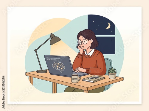A young woman working on a laptop at night in her home office with a brain icon on the screen.