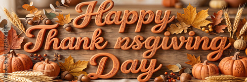 Happy thanksgiving day greeting sign decorated with orange pumpkins and colorful autumn leaves on a wooden background