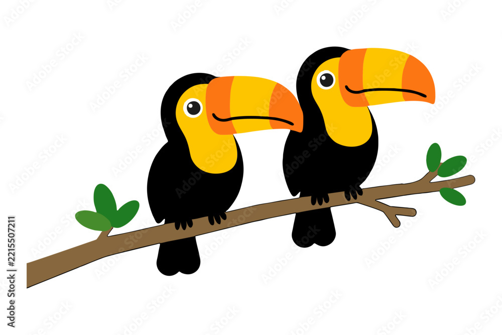 Fototapeta premium Two toucan birds on branch - cute toucans couple cartoon illustration