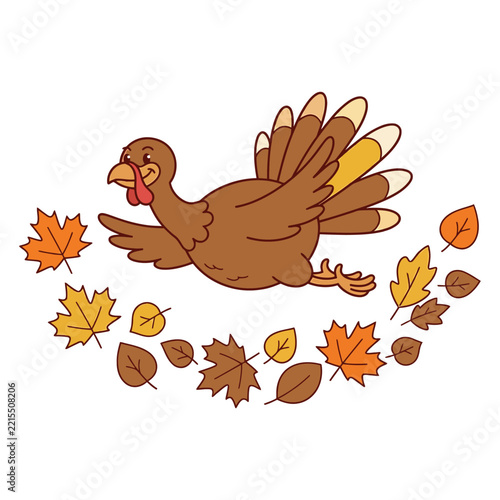 A cute cartoon turkey flying over a festive frame of colorful autumn leaves for thanksgiving holiday celebration