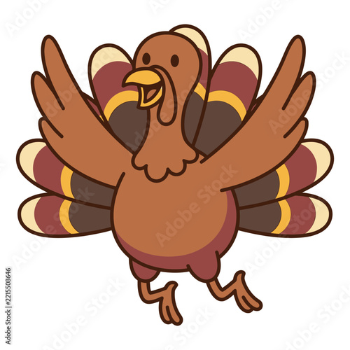 A cute cartoon turkey illustration with wings spread wide isolated on a white background for thanksgiving holiday
