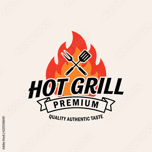 Hot grill premium logo with fire and cutlery