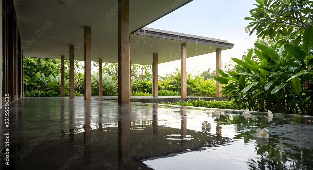 Fototapeta premium Photograph of a covered terrace in a tropical building shortly after heavy rain, the smooth dark concrete floor still wet and glossy and mirroring the slender columns.