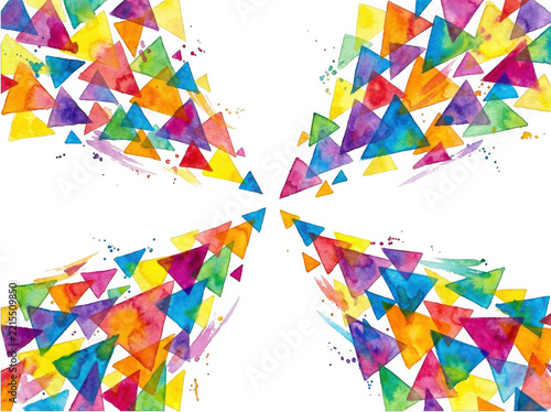 Colorful watercolor triangles exploding from center isolated on transparent background