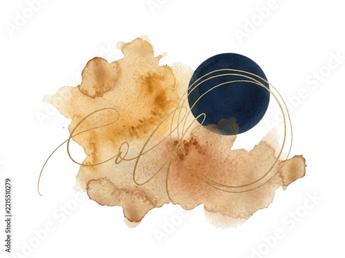 Elegant watercolor abstract stain with dark blue circle and golden lines on transparent background
