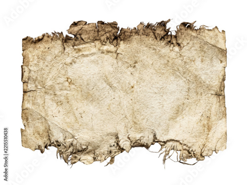 Handmade deckle edge antique paper sheet with torn fibers isolated on transparent background