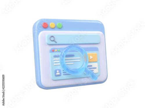 Blue website browser window with search bar and magnifier glass isolated on transparent background