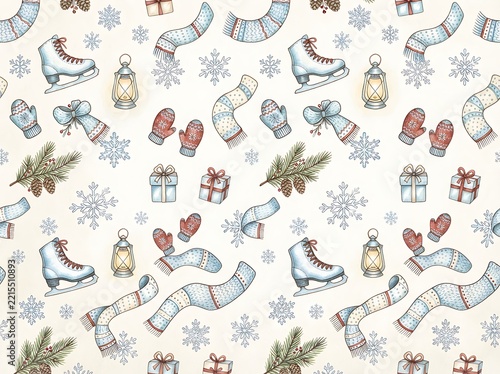 Winter holiday pattern featuring ice skates, scarves, mittens, and festive gifts for seasonal decor.