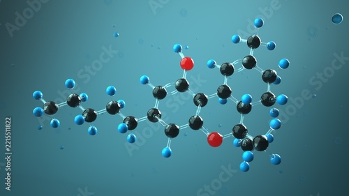 Tetrahydrocannabinol THC molecular structure in fluid 3D illustration