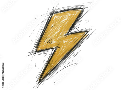 Hand drawn yellow lightning bolt sketch isolated on transparent background for energy and power concepts