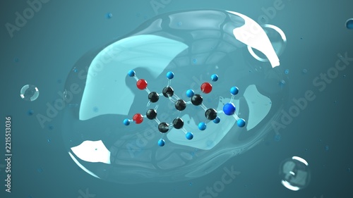 Norepinephrine molecule in the bubble and liquid environment. 3D illustration.