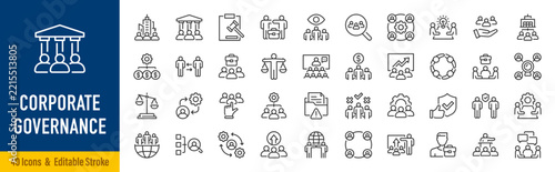 Corporate governance web icons in line style. Governance, compliance, accountability, transparency, ethics, risk management, board, strategy, oversight, audit, collection. Editable stroke. Vector