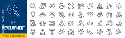 HR development web icons in line style. Human resources, employee development, talent management, training, recruitment, career growth, skills, coaching, onboarding, collection. Editable stroke.Vector