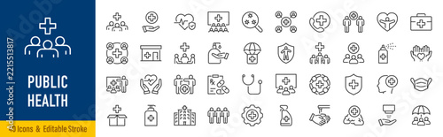 Public health web icons in line style. Healthcare, prevention, wellness, medicine, vaccination, hygiene, screening, health policy, health, disease prevention, collection. Editable stroke. Vector